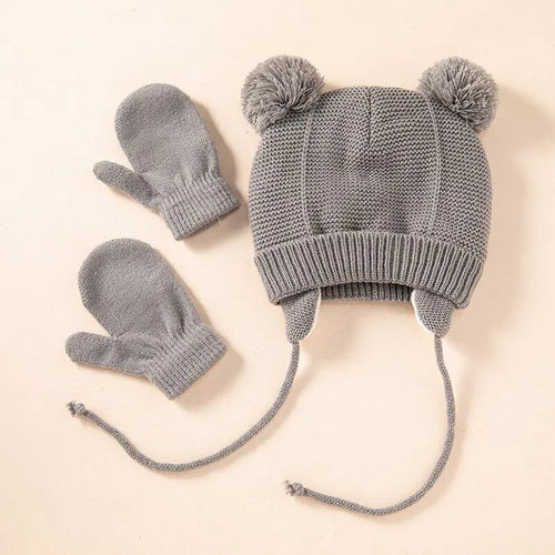 2Pcs Baby Knit Gloves Hat Set Solid Color Autumn Winter Ear Protection