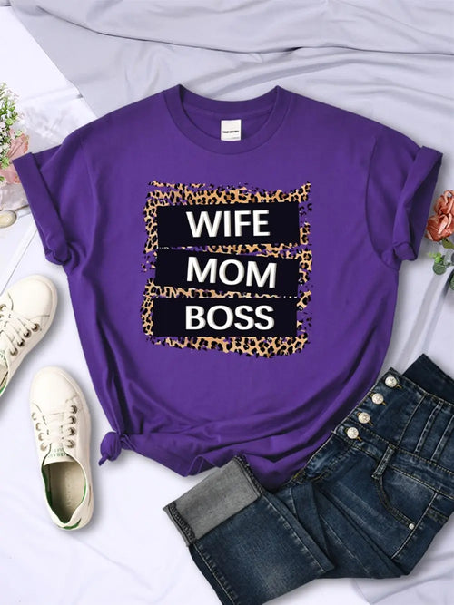 Wife Mom Boss Letter Leopard Prints Tees Soft