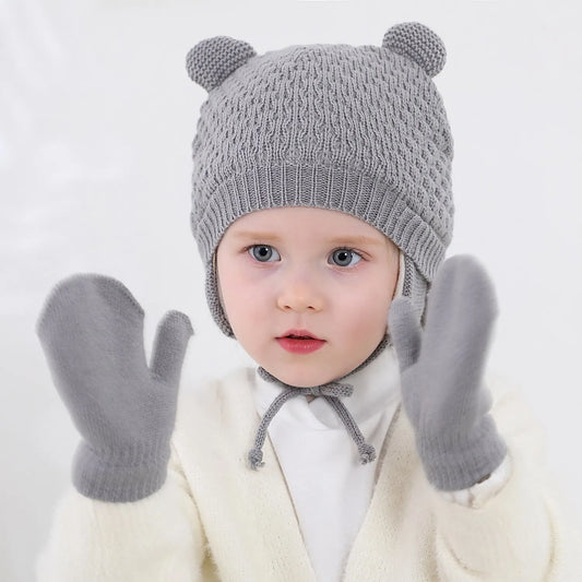 2Pcs Baby Knit Gloves Hat Set Solid Color Autumn Winter Ear Protection