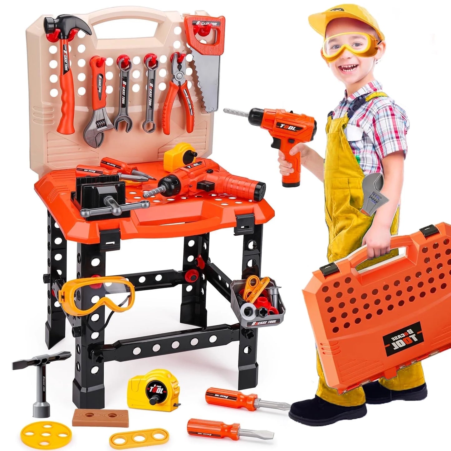 79 PCS Pretend Play Tool Bench for Kids with Tools, Electric Drill, Clothes and Transformable Tool Set, Learning Gift for Boys & Girls Age 3-8