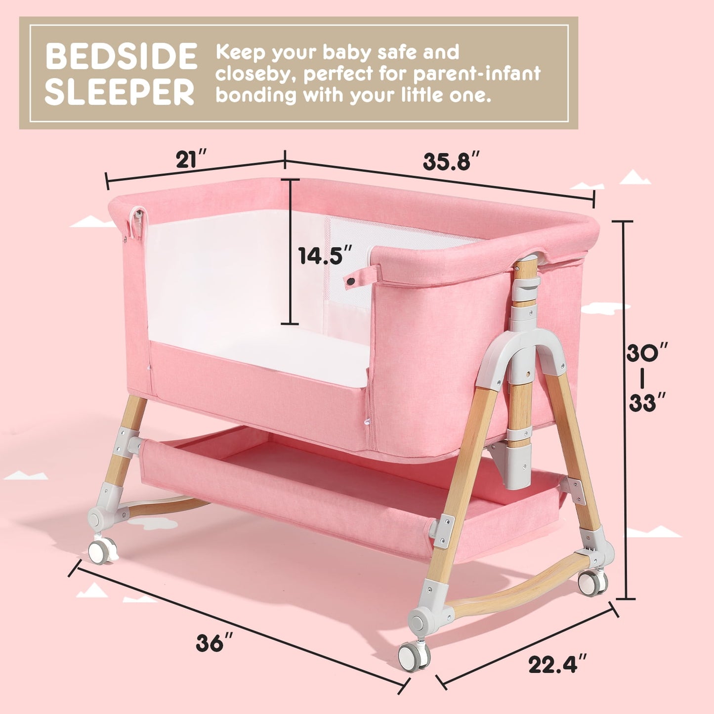 3 in 1 Baby Bassinet Bedside Sleeper for Infant Girls Aged 0-5 Months, Pink
