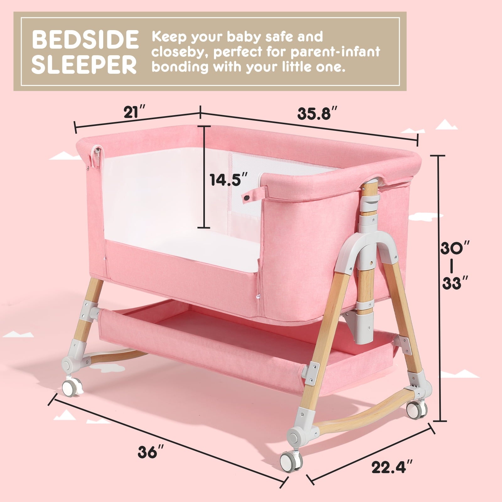 3 in 1 Baby Bassinet Bedside Sleeper for Infant Girls Aged 0-5 Months, Pink
