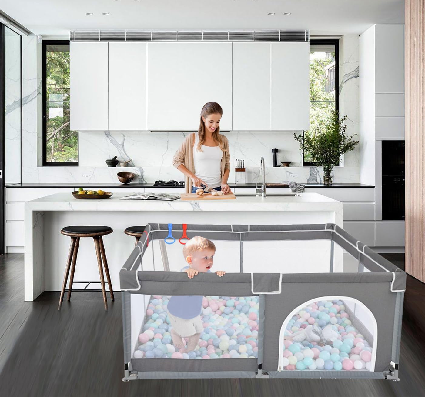 Baby Playpen, 50X50X27" Large Activity Center with Gate, Anti-Slip Base