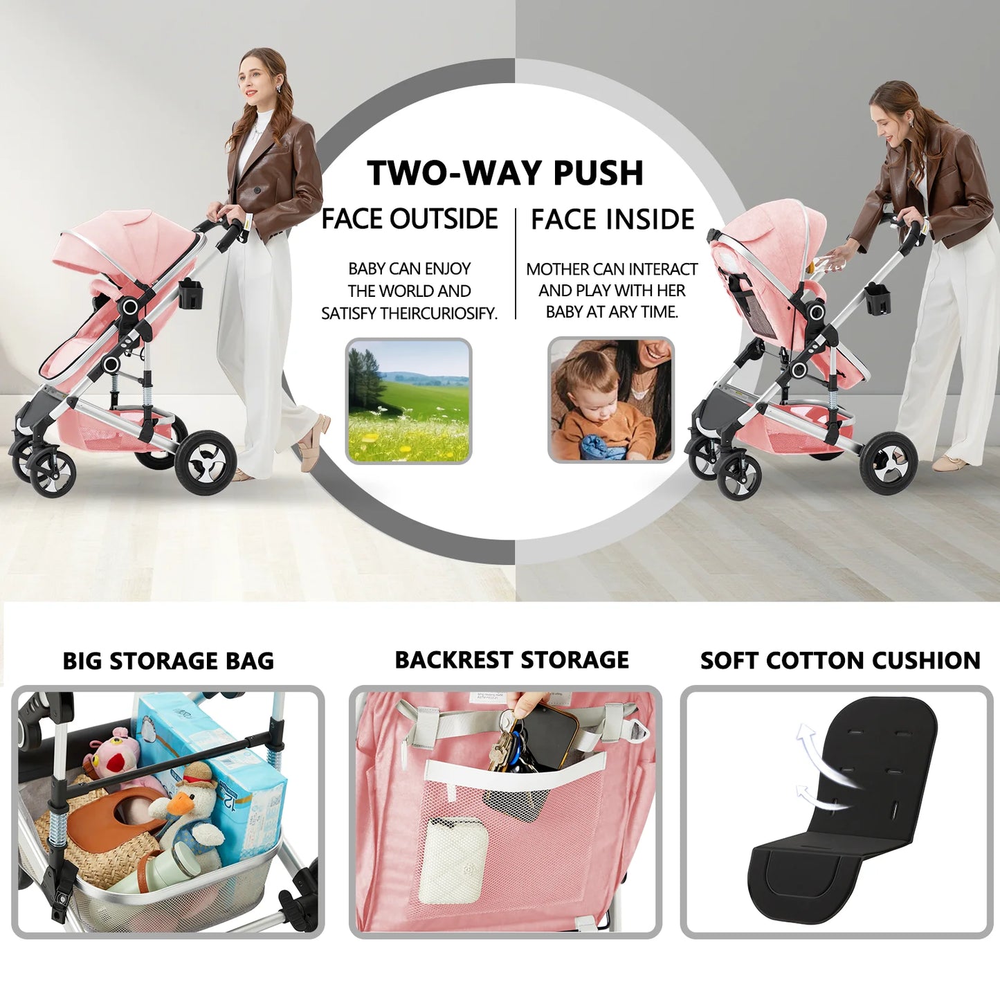 3-In-1 Convertible Baby Stroller with Big Seat and Adjustable Canopy, 24 Pound