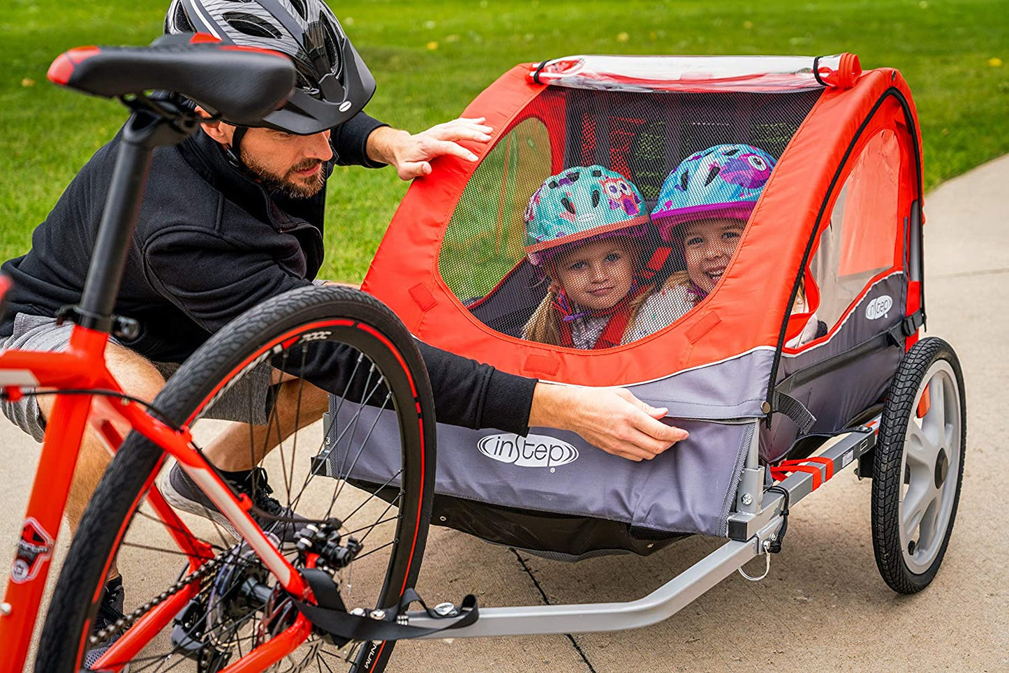 Single or Double Seat, Universal Coupler, Folding Frame, Quick-Release Wheels, Canopy with Bug Screen and Weather Shield, Bike Trailer for Kids