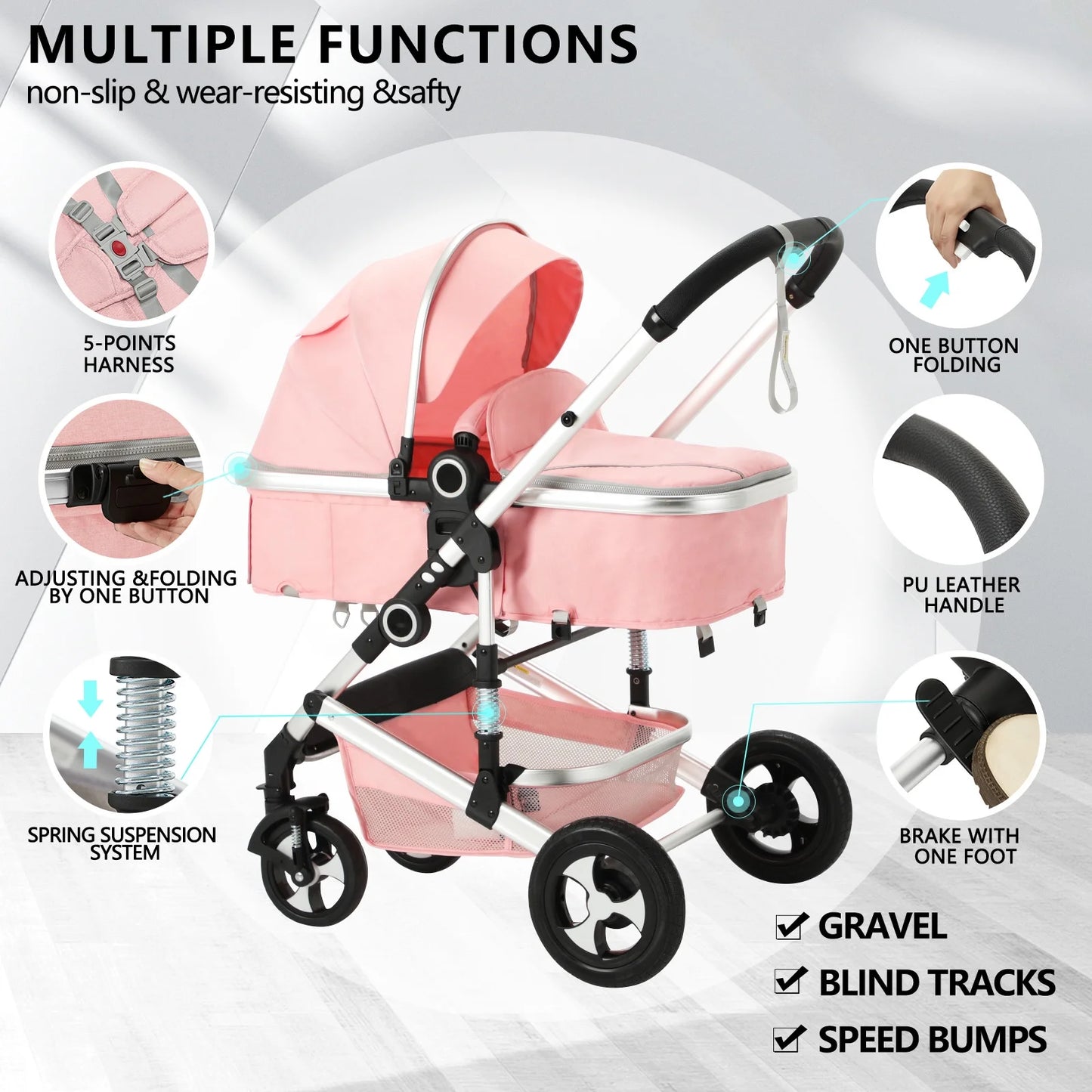 3-In-1 Convertible Baby Stroller with Big Seat and Adjustable Canopy, 24 Pound