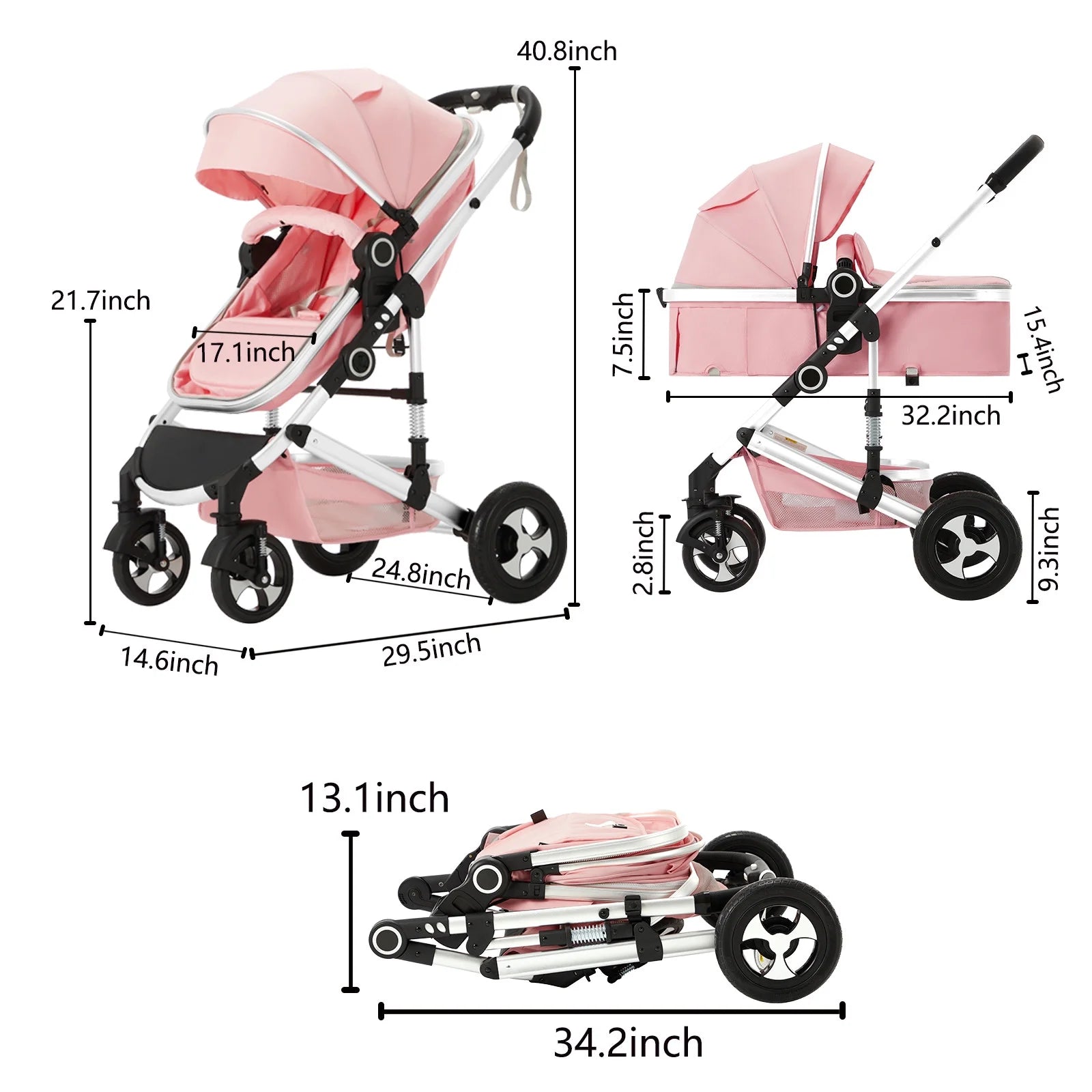 3-In-1 Convertible Baby Stroller with Big Seat and Adjustable Canopy, 24 Pound