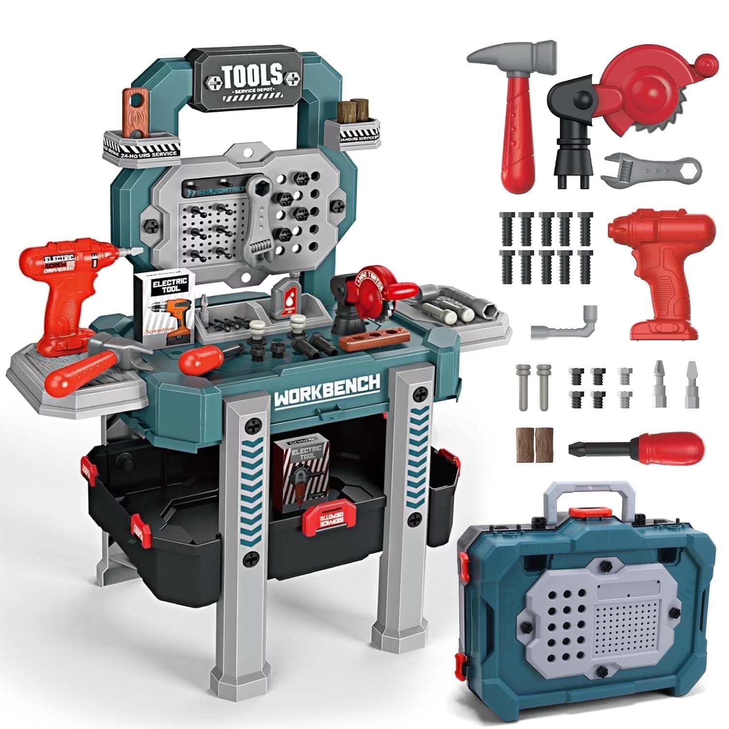 79 PCS Pretend Play Tool Bench for Kids with Tools, Electric Drill, Clothes and Transformable Tool Set, Learning Gift for Boys & Girls Age 3-8