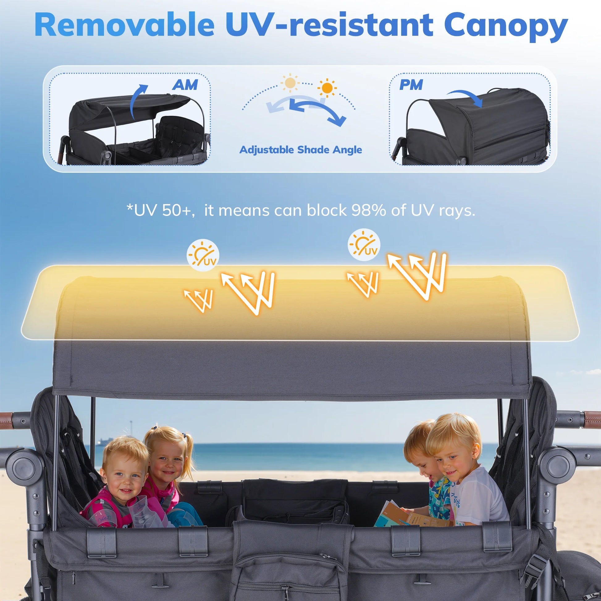 Toddler Stroller Wagon for 4 Kids with Cooler Bag, Parent Organizer,5-Point Harnesses, Black