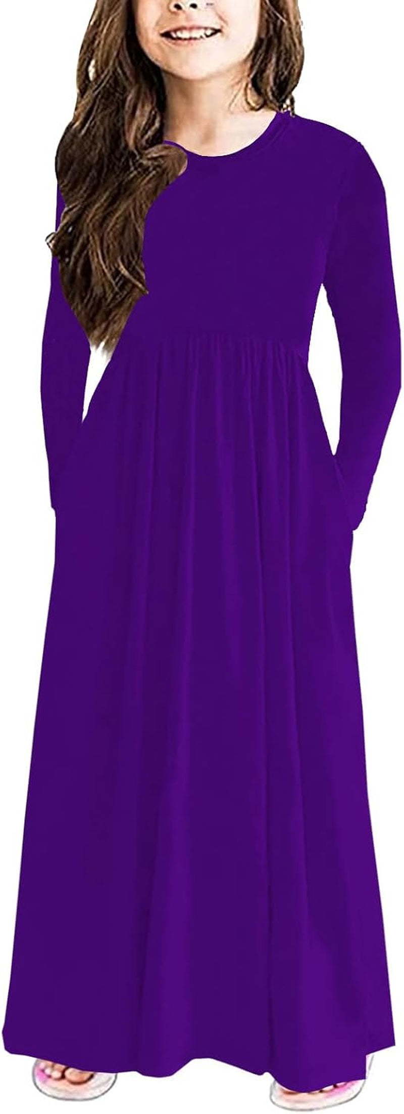 Girls Maxi Dress Solid Long Sleeve Casual Dresses with Pockets for 6-12 Years