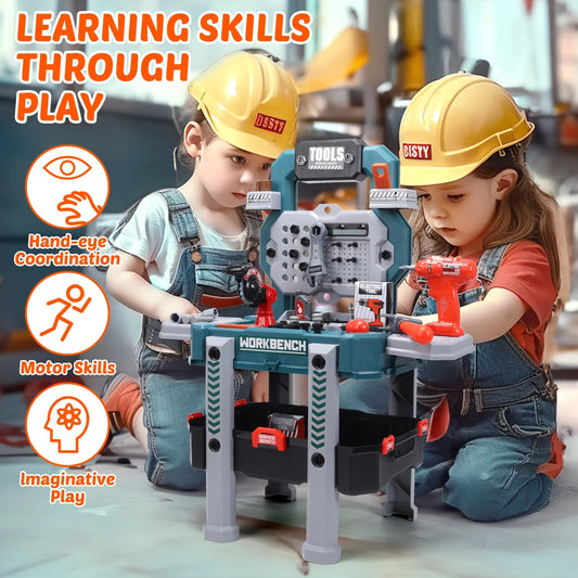 79 PCS Pretend Play Tool Bench for Kids with Tools, Electric Drill, Clothes and Transformable Tool Set, Learning Gift for Boys & Girls Age 3-8