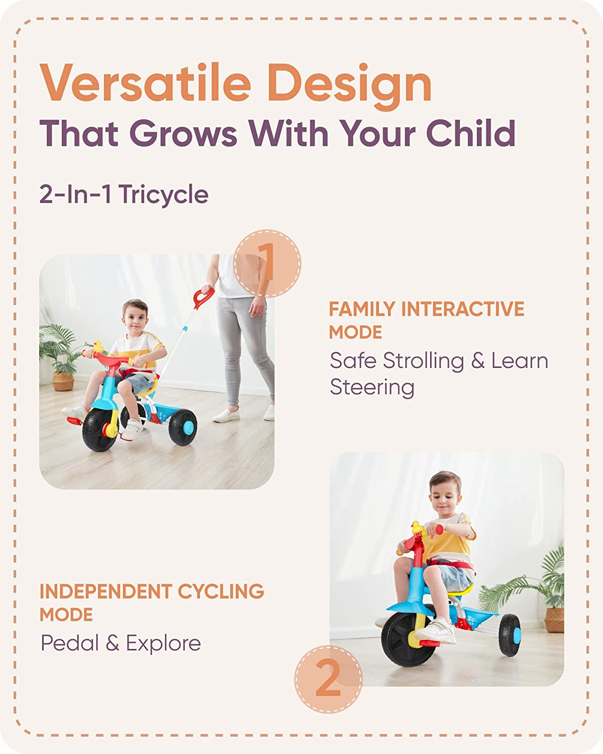 2 in 1 Kids Tricycles Age 18 Month to 3 Years with Push Handle and Duck Bell (Classic, EVA Wheel)