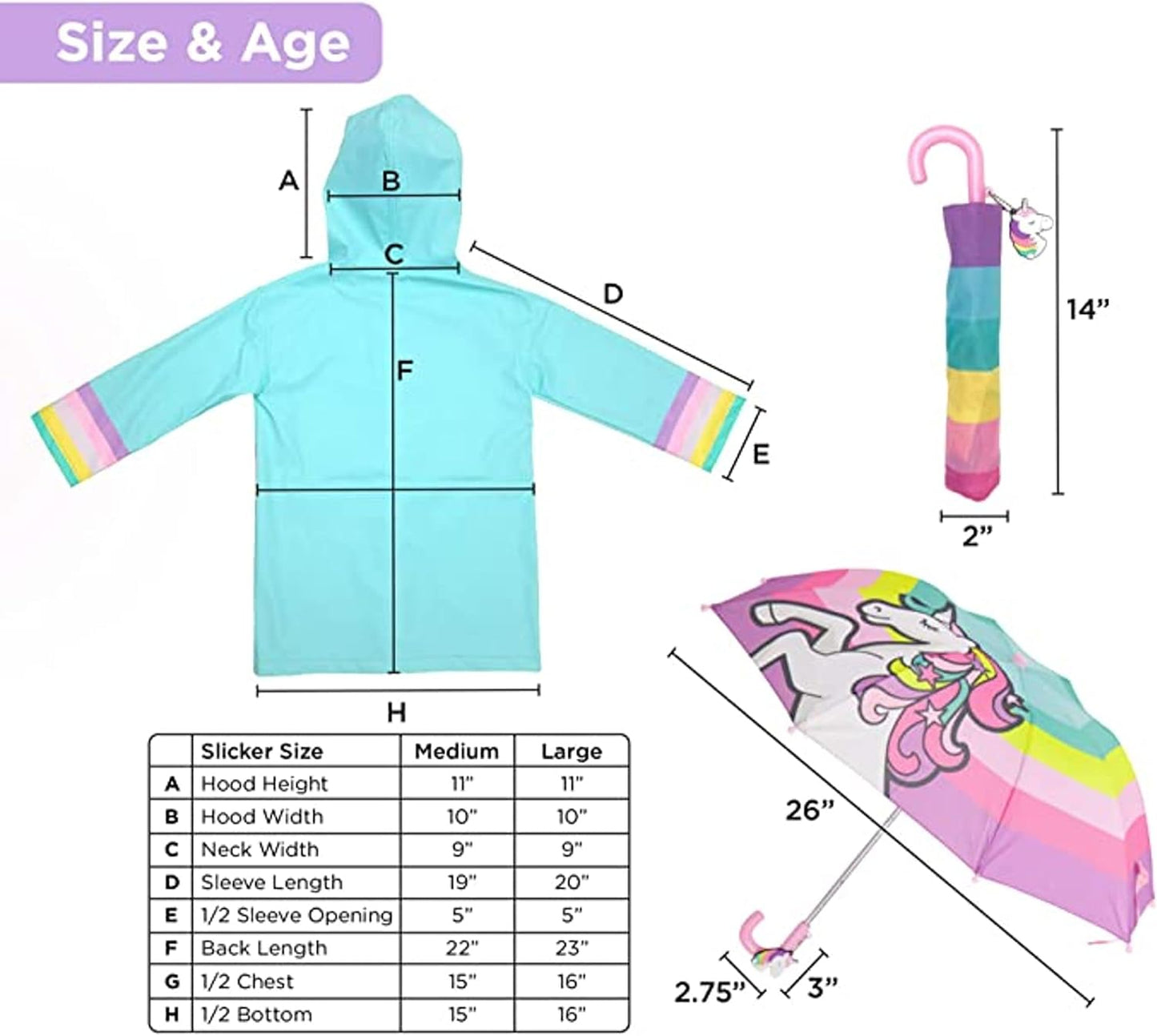 Kids Umbrella & Rain Coats Set - for Girls and Boys 3-9Y  