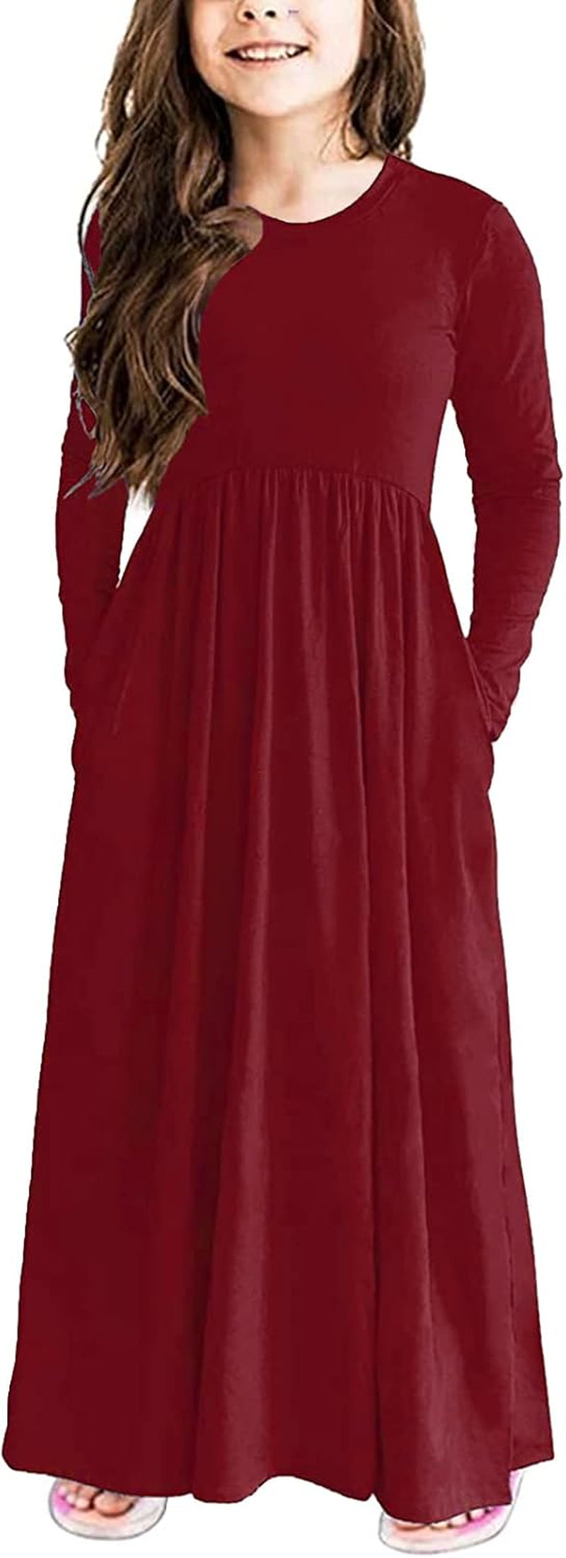 Girls Maxi Dress Solid Long Sleeve Casual Dresses with Pockets for 6-12 Years