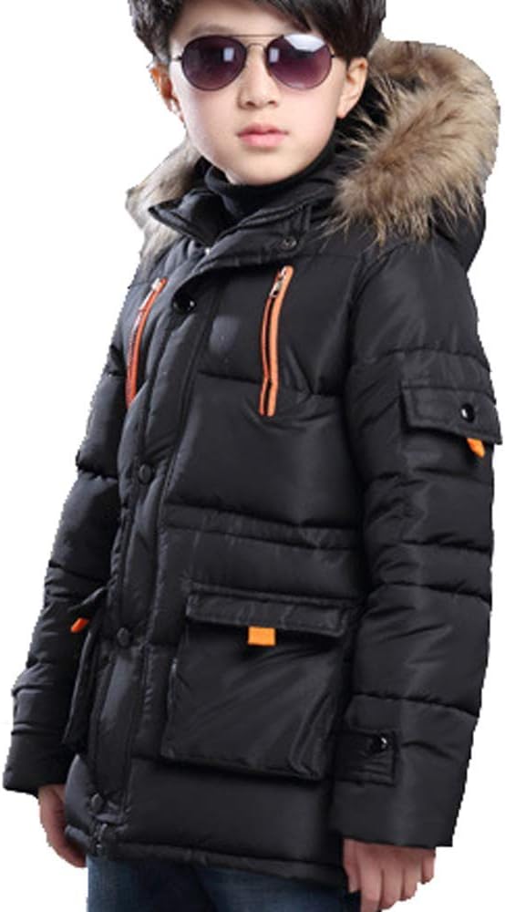  Quilted Puffer Water Resistant Winter Coat with Detachable Fur Hood for Big Boys