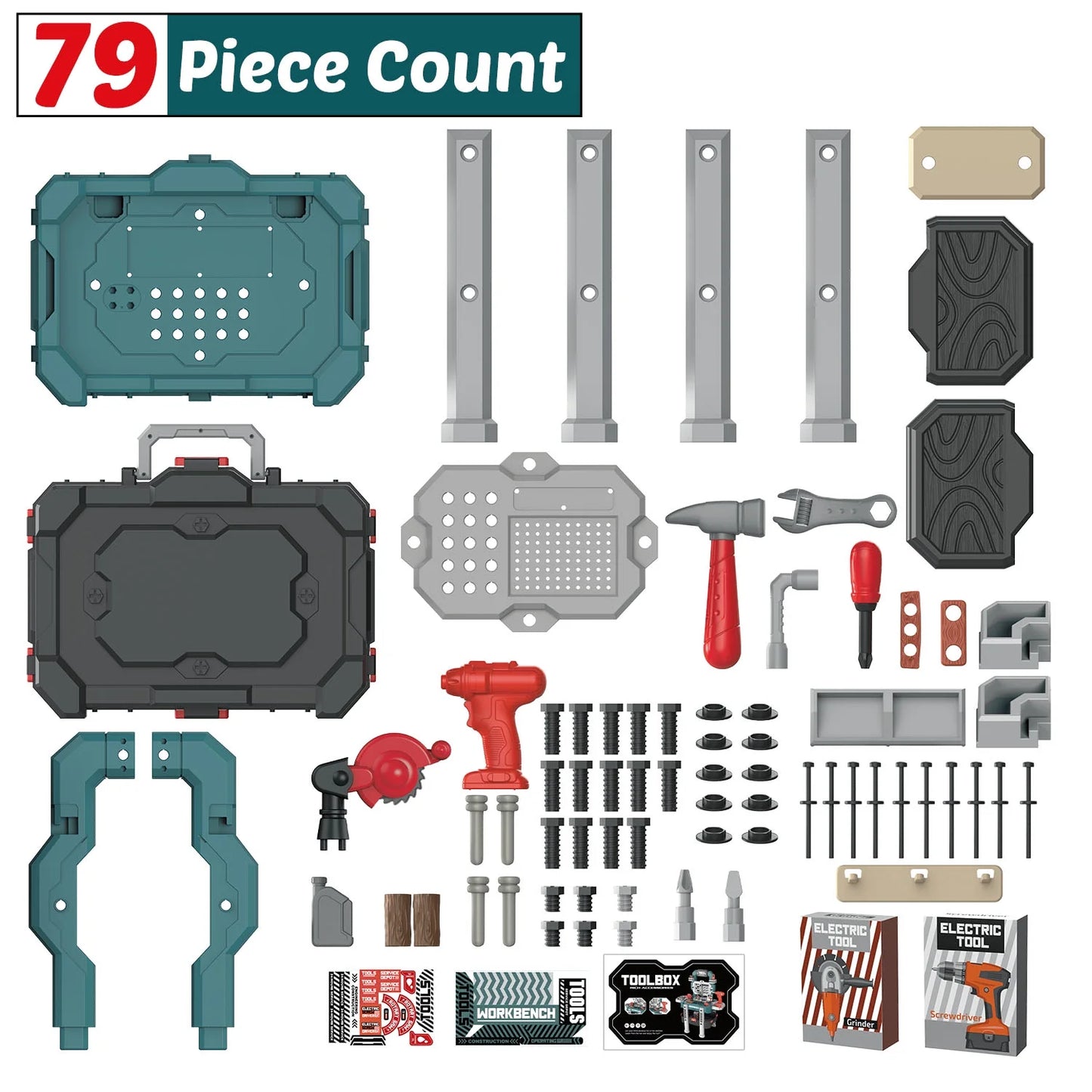 79 PCS Pretend Play Tool Bench for Kids with Tools, Electric Drill, Clothes and Transformable Tool Set, Learning Gift for Boys & Girls Age 3-8