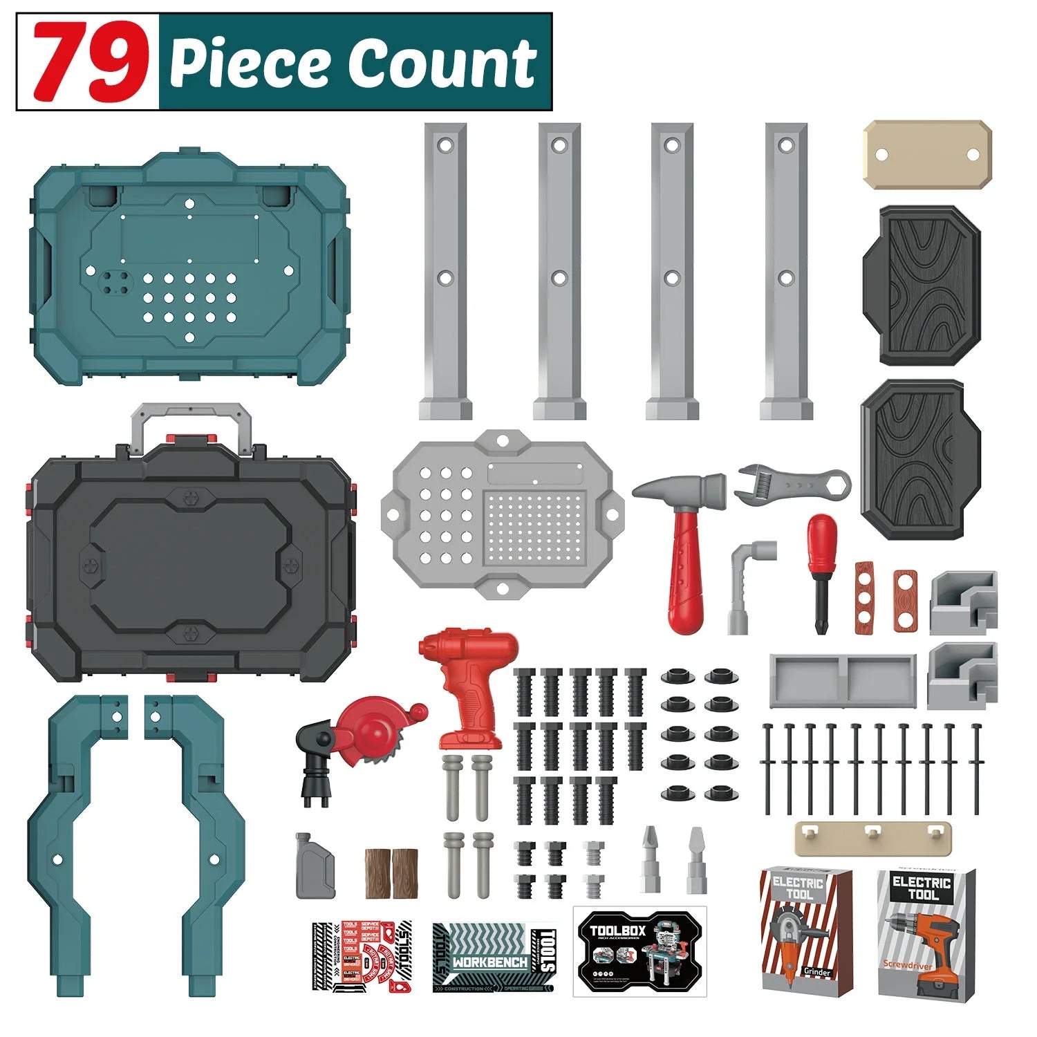 79 PCS Pretend Play Tool Bench for Kids with Tools, Electric Drill, Clothes and Transformable Tool Set, Learning Gift for Boys & Girls Age 3-8