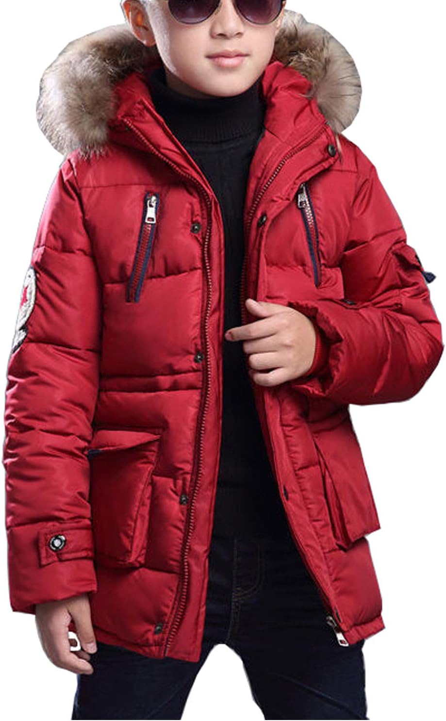  Quilted Puffer Water Resistant Winter Coat with Detachable Fur Hood for Big Boys