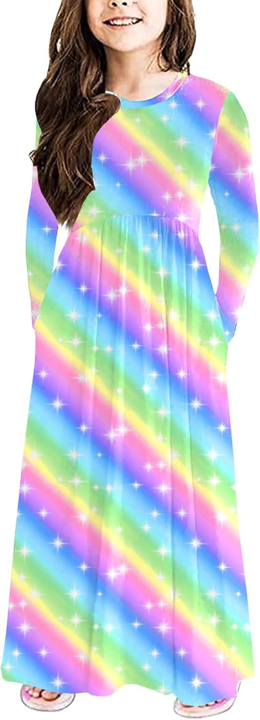 Girls Maxi Dress Solid Long Sleeve Casual Dresses with Pockets for 6-12 Years