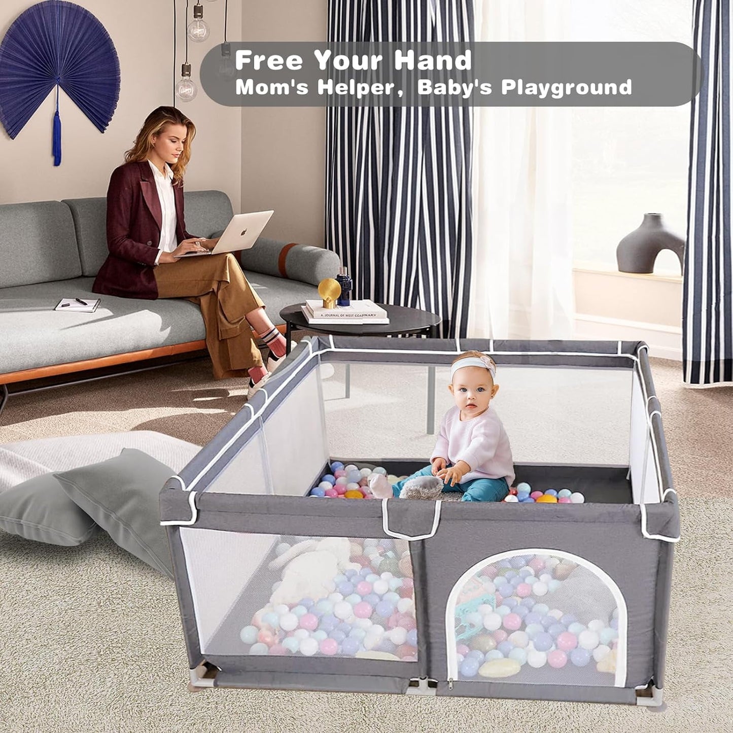 Baby Playpen, 50X50X27" Large Activity Center with Gate, Anti-Slip Base