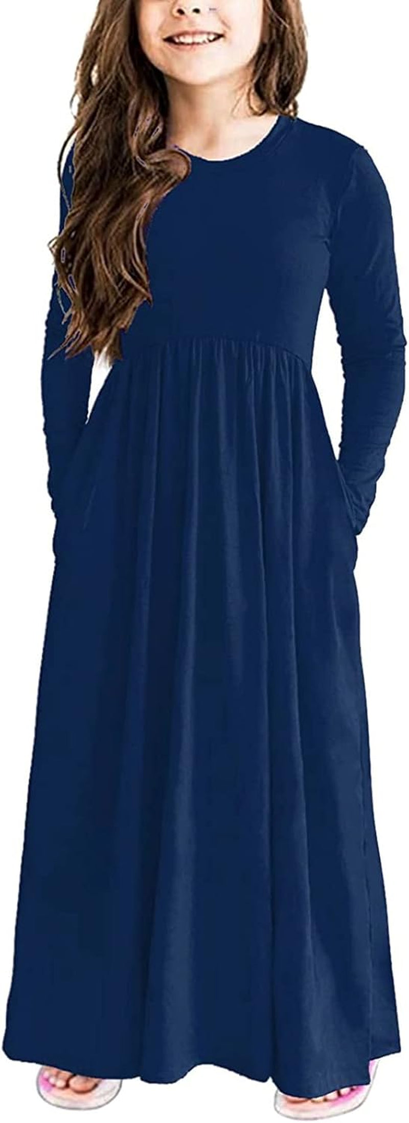 Girls Maxi Dress Solid Long Sleeve Casual Dresses with Pockets for 6-12 Years