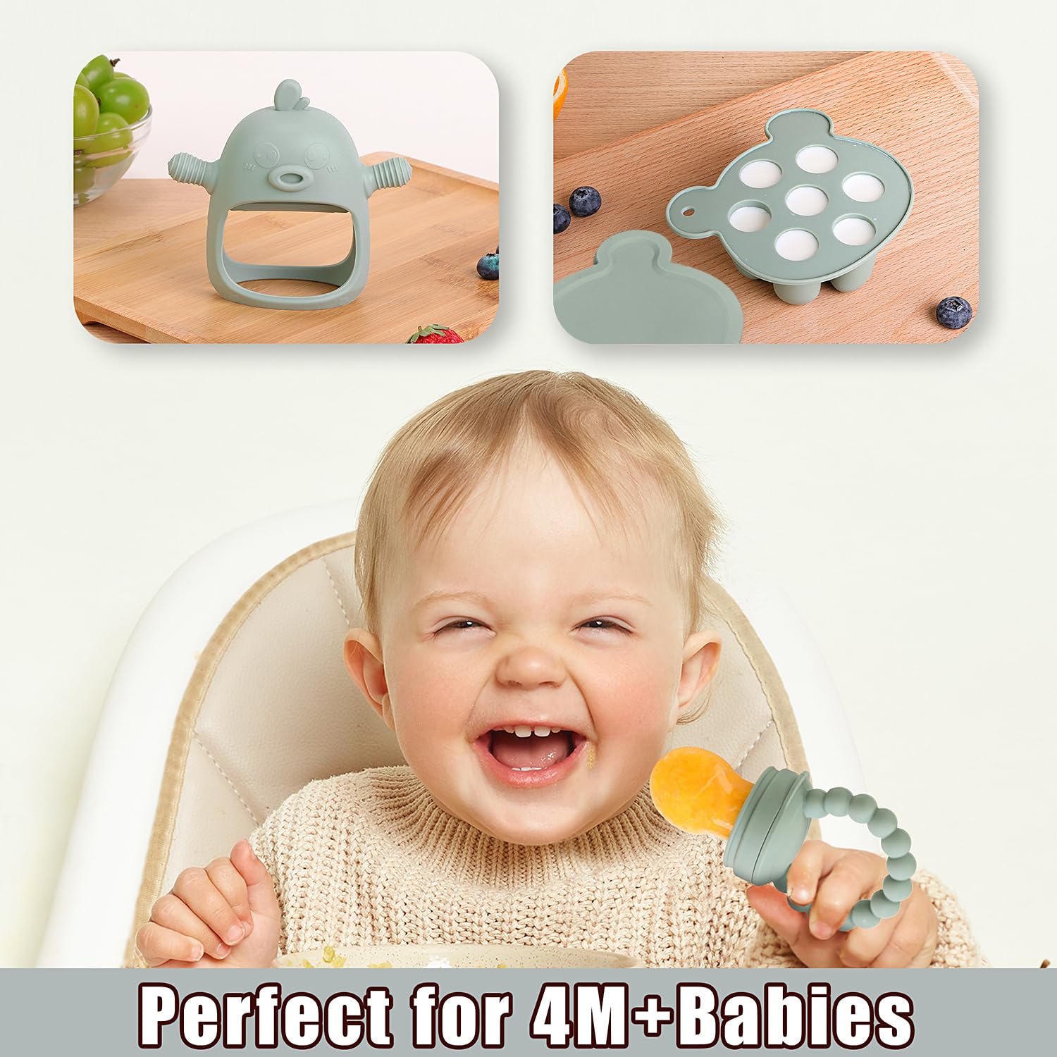Baby Fruit Feeder & Breastmilk Popsicle Mold Set – 3 Pack Silicone Teething Relief Kit with Food Feeder Pacifier, Freezer Tray with Lid & Baby Teether Toy