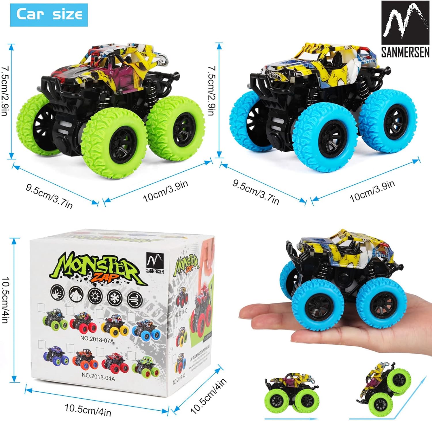 Monster Truck Friction Cars for Toddlers 1-3 Push and Go 360° Rotating Stunt Car for 2+ Year Old Boys Girls Gifts (2/4 Pack)