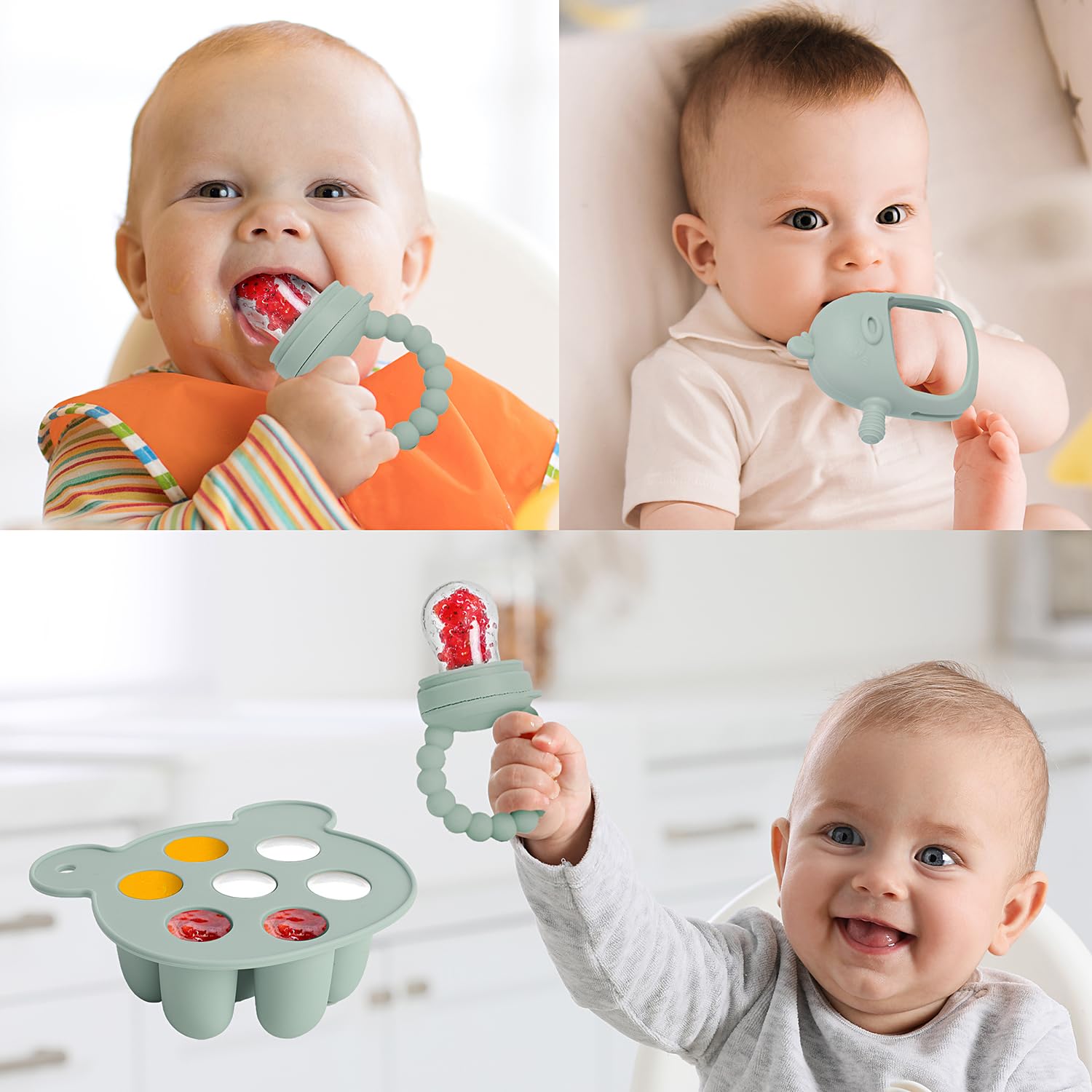 Baby Fruit Feeder & Breastmilk Popsicle Mold Set – 3 Pack Silicone Teething Relief Kit with Food Feeder Pacifier, Freezer Tray with Lid & Baby Teether Toy