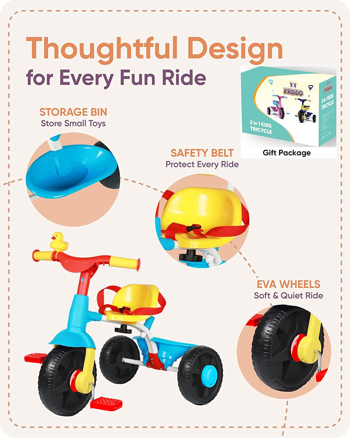 2 in 1 Kids Tricycles Age 18 Month to 3 Years with Push Handle and Duck Bell (Classic, EVA Wheel)