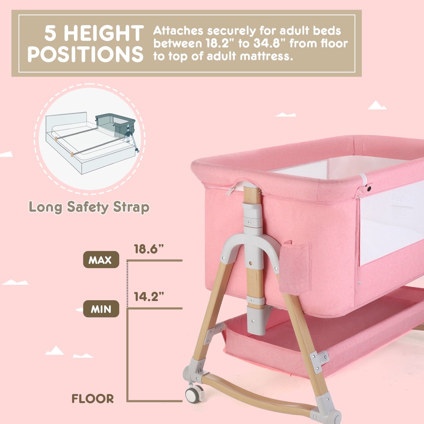3 in 1 Baby Bassinet Bedside Sleeper for Infant Girls Aged 0-5 Months, Pink