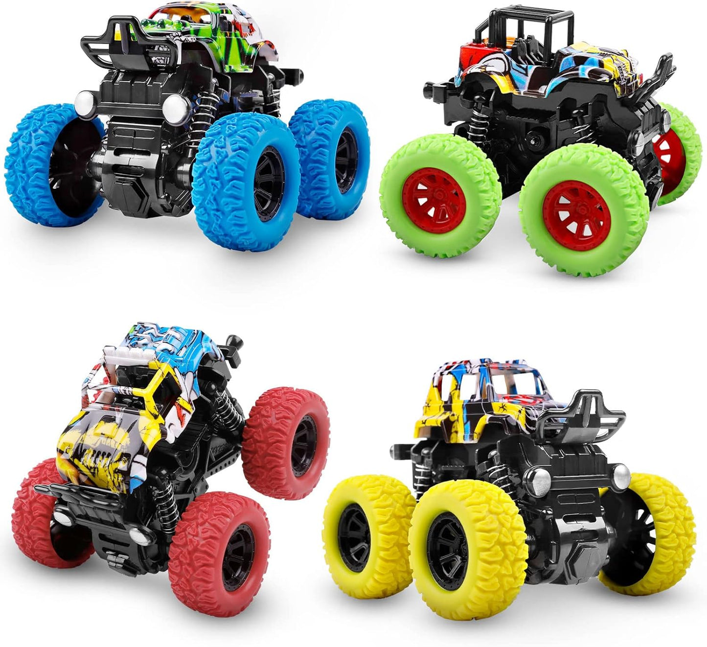 Monster Truck Friction Cars for Toddlers 1-3 Push and Go 360° Rotating Stunt Car for 2+ Year Old Boys Girls Gifts (2/4 Pack)