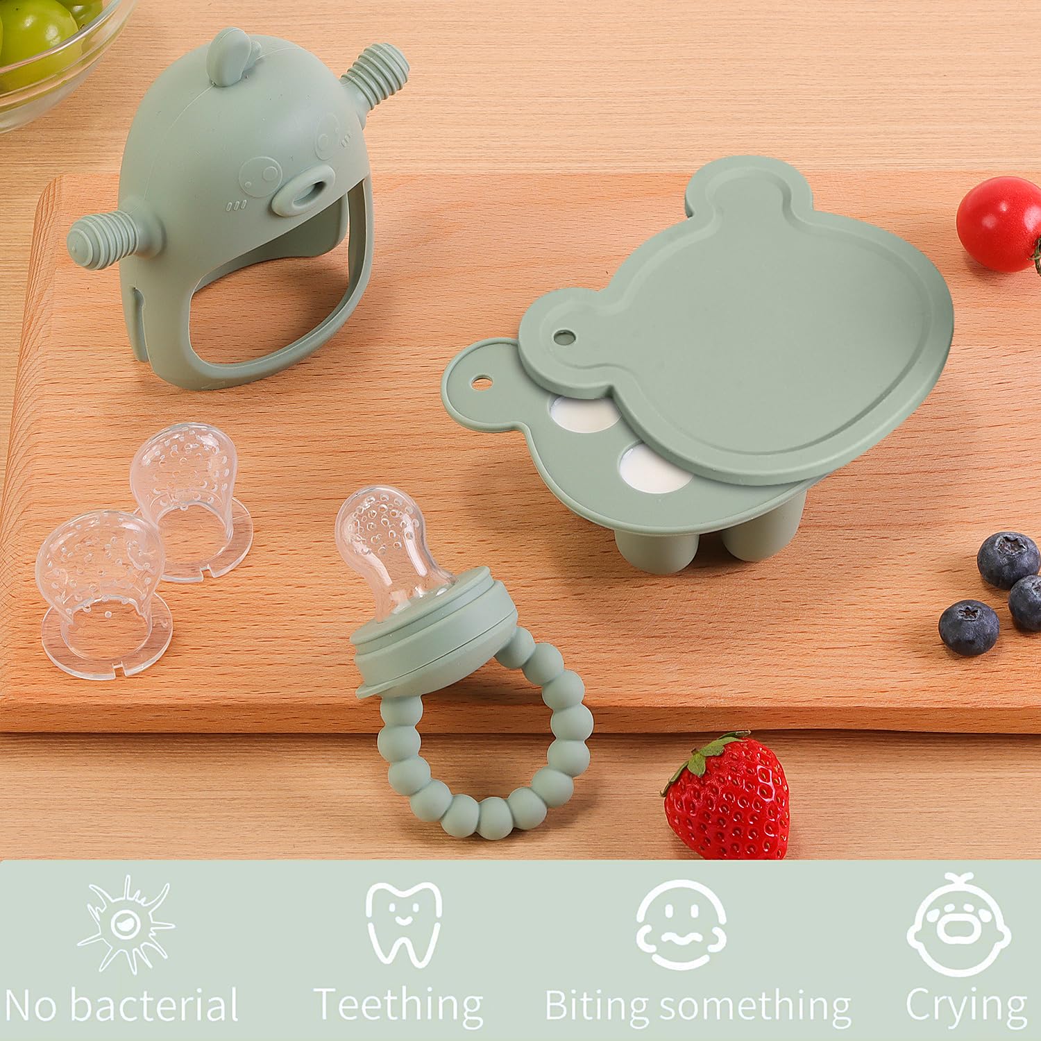 Baby Fruit Feeder & Breastmilk Popsicle Mold Set – 3 Pack Silicone Teething Relief Kit with Food Feeder Pacifier, Freezer Tray with Lid & Baby Teether Toy