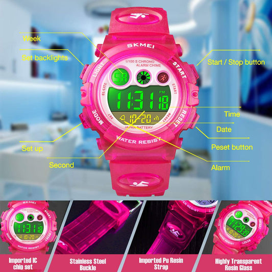 Kids Digital Sport Waterproof Electronic Multi Function Casual Outdoor Watches, Colorful LED 
