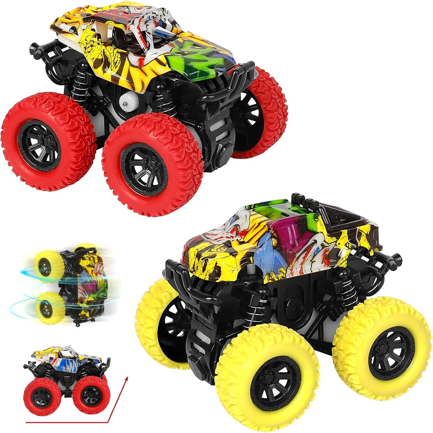Monster Truck Friction Cars for Toddlers 1-3 Push and Go 360° Rotating Stunt Car for 2+ Year Old Boys Girls Gifts (2/4 Pack)