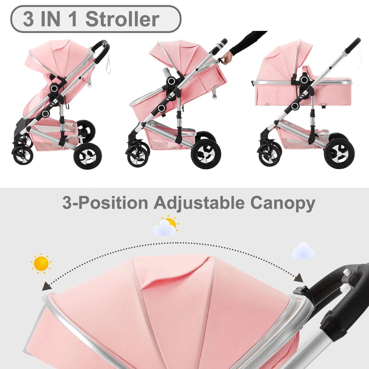 3-In-1 Convertible Baby Stroller with Big Seat and Adjustable Canopy, 24 Pound