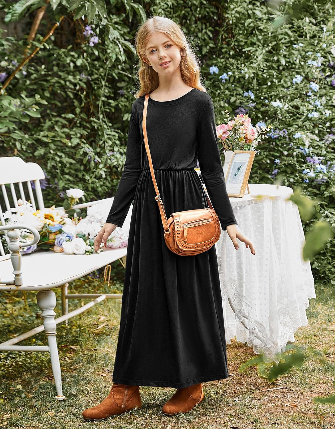 Girls Maxi Dress Solid Long Sleeve Casual Dresses with Pockets for 6-12 Years