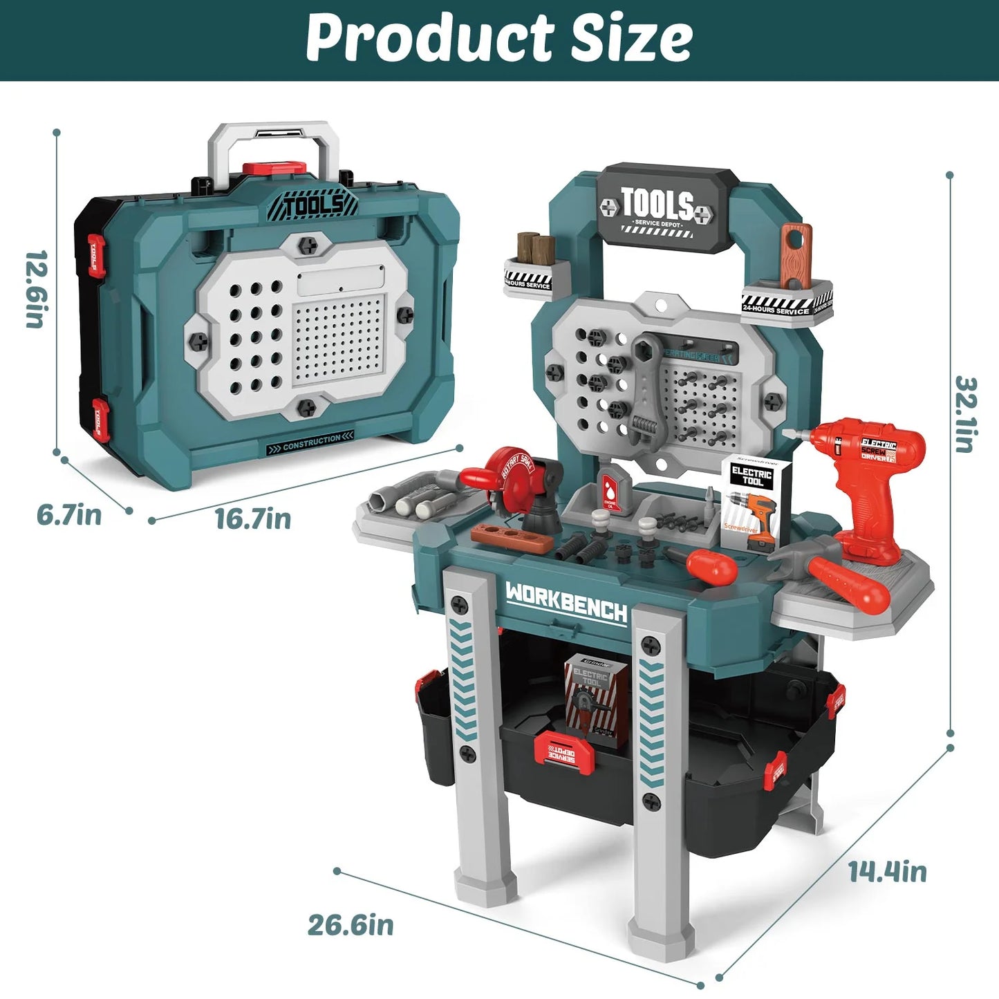 79 PCS Pretend Play Tool Bench for Kids with Tools, Electric Drill, Clothes and Transformable Tool Set, Learning Gift for Boys & Girls Age 3-8