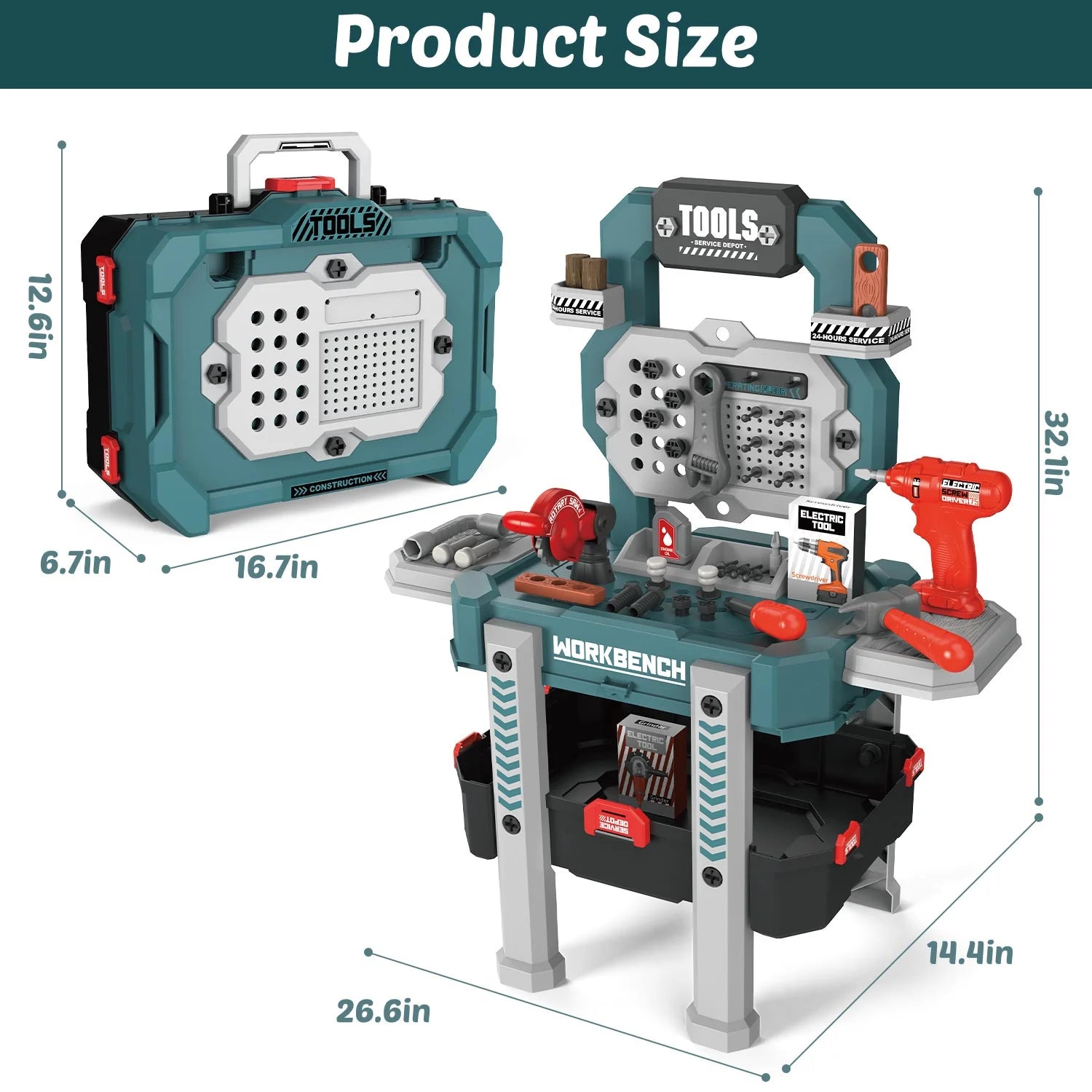 79 PCS Pretend Play Tool Bench for Kids with Tools, Electric Drill, Clothes and Transformable Tool Set, Learning Gift for Boys & Girls Age 3-8