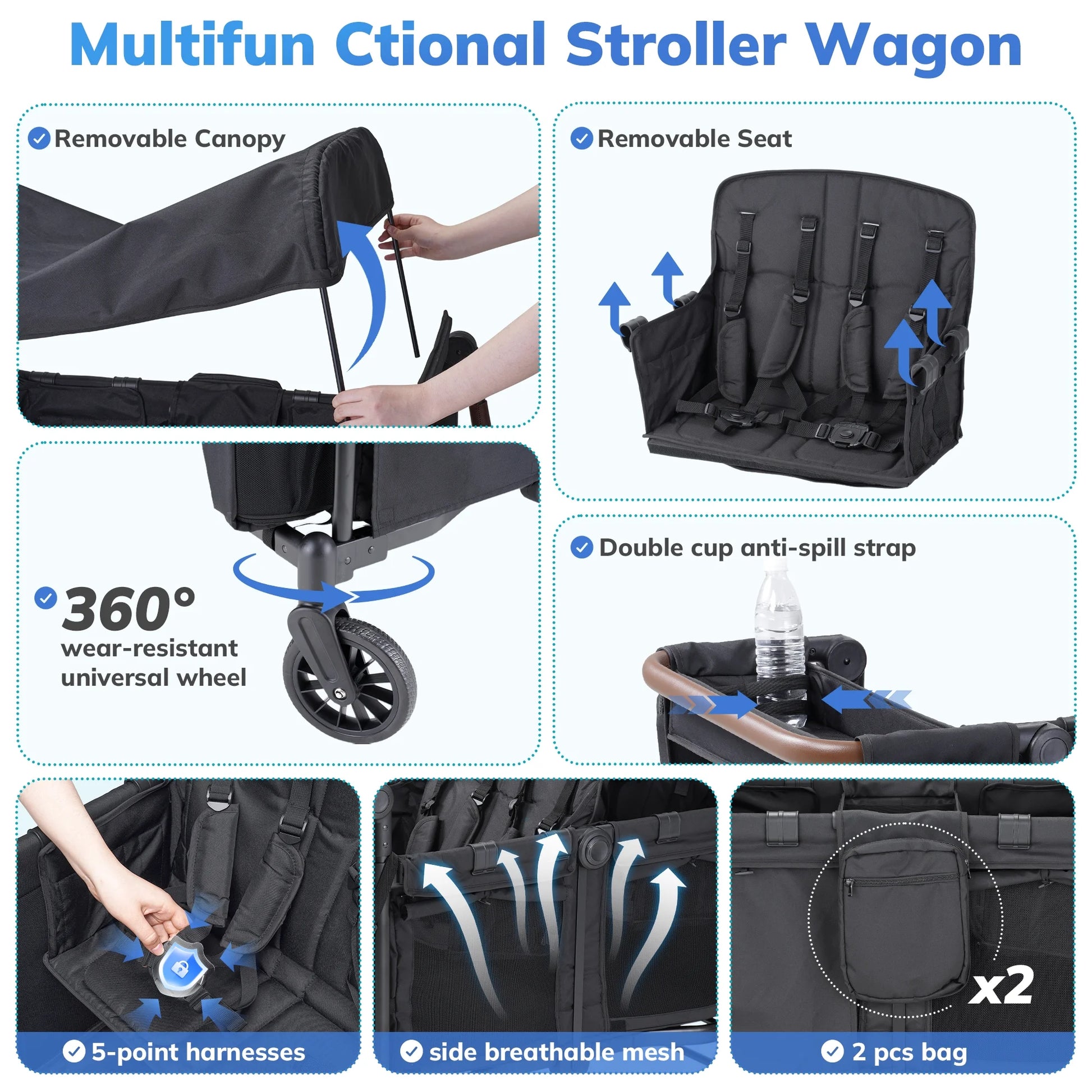 Toddler Stroller Wagon for 4 Kids with Cooler Bag, Parent Organizer,5-Point Harnesses, Black