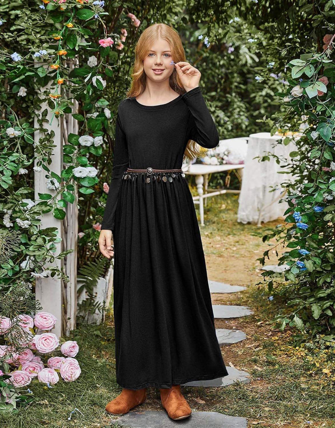 Girls Maxi Dress Solid Long Sleeve Casual Dresses with Pockets for 6-12 Years