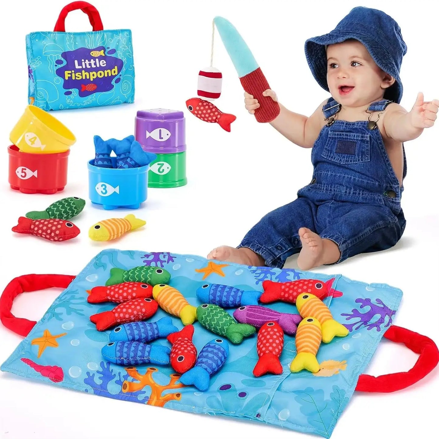 Toy Cloth Fishing Game with Stacking Cups Color for Toddlers