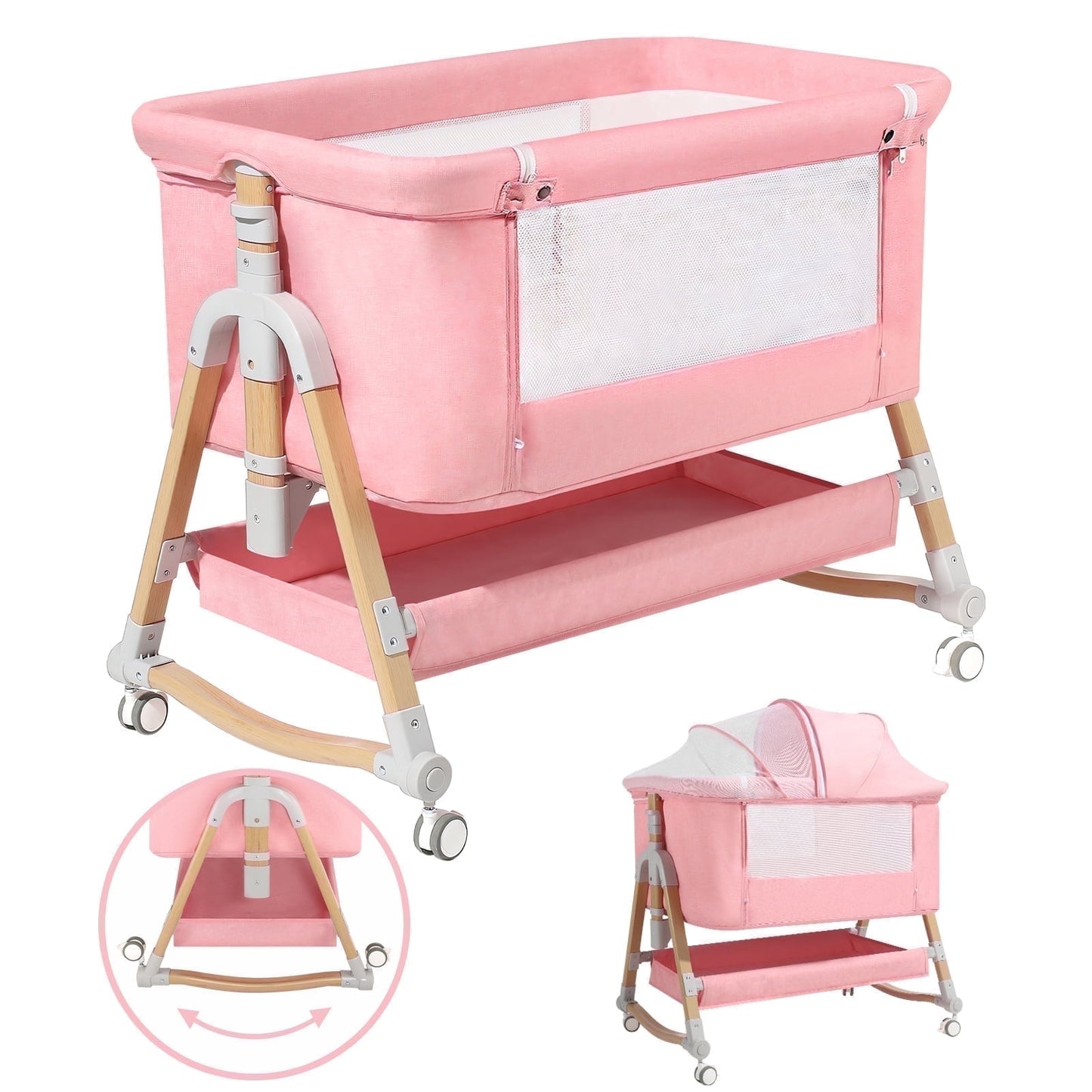 3 in 1 Baby Bassinet Bedside Sleeper for Infant Girls Aged 0-5 Months, Pink