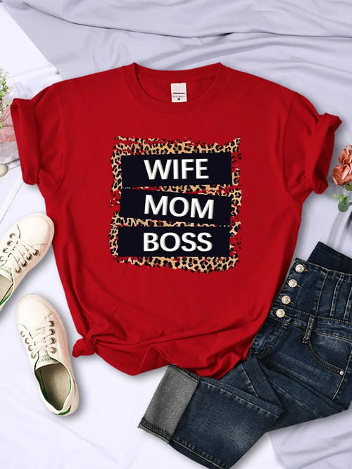 Wife Mom Boss Letter Leopard Prints Tees Soft