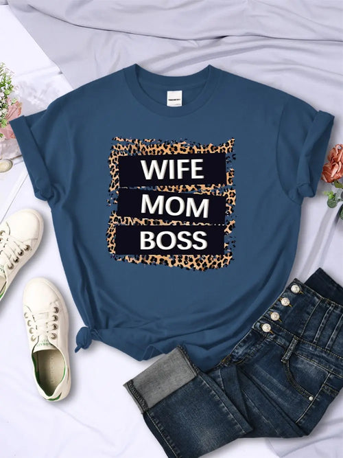 Wife Mom Boss Letter Leopard Prints Tees Soft
