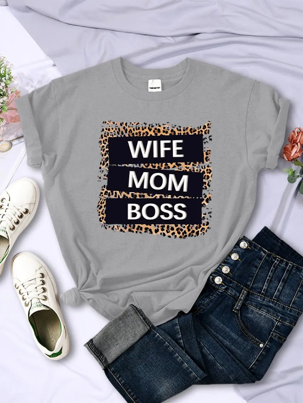 Wife Mom Boss Letter Leopard Prints Tees Soft