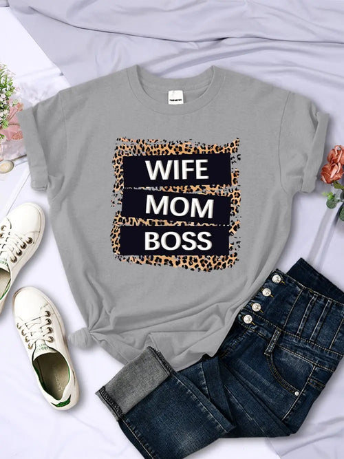 Wife Mom Boss Letter Leopard Prints Tees Soft