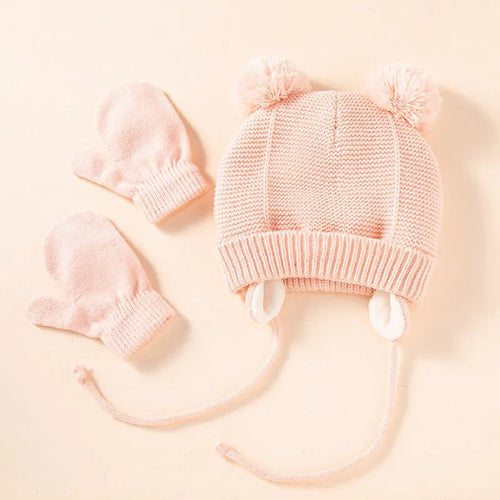 2Pcs Baby Knit Gloves Hat Set Solid Color Autumn Winter Ear Protection