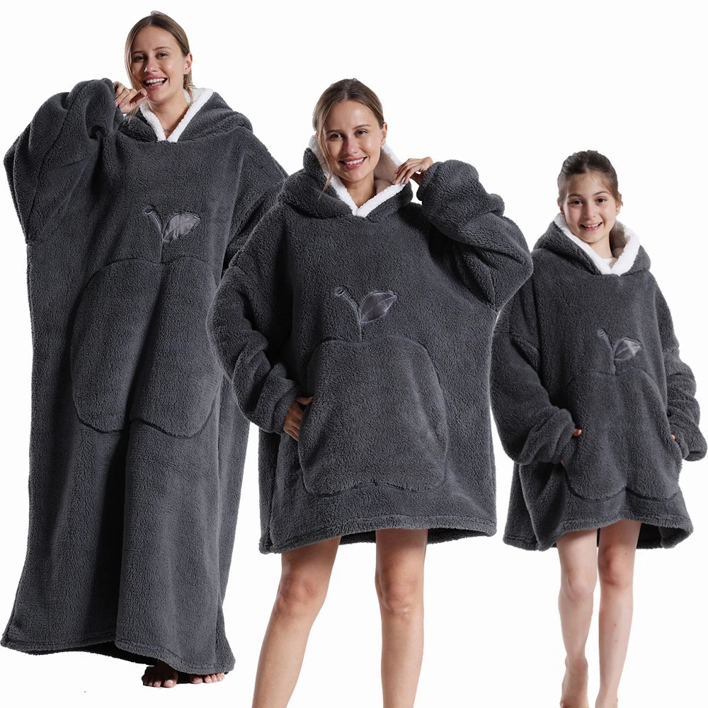Warm Flannel Solid Apple Long Bathrobes with Oversized Hoodies