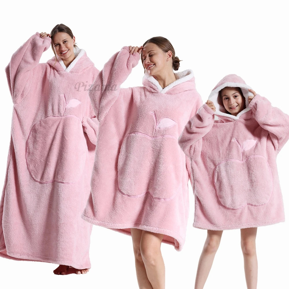Warm Flannel Solid Apple Long Bathrobes with Oversized Hoodies