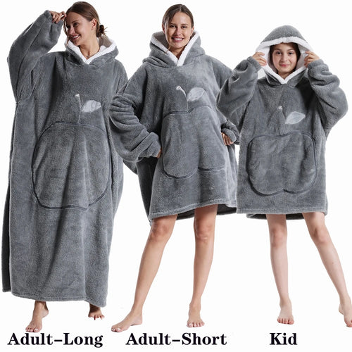Warm Flannel Solid Apple Long Bathrobes with Oversized Hoodies